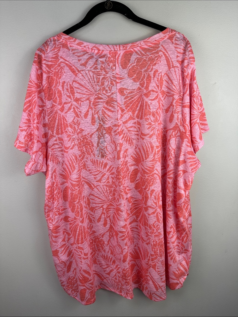 Nicole Miller Linen Coral-Pink Tropical Print V-Neck Tee NEW! - Picture 5 of 8